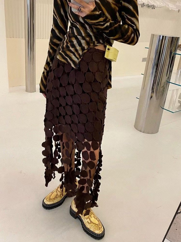 Women's Cut Out High Waist Patchwork Tassel Irregular Hem Solid Midi Skirts (3 Colors)