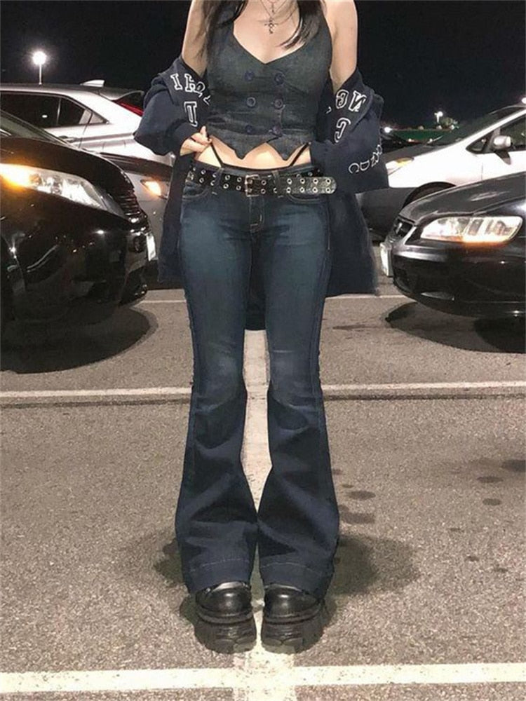 Women's Low Waisted Y2K Aesthetic Retro Flare Fashion Jeans