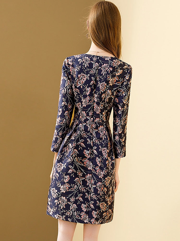 Women's Vintage Elegant Blue Printed O-neck A-line Bohemian Winter Slim Dress