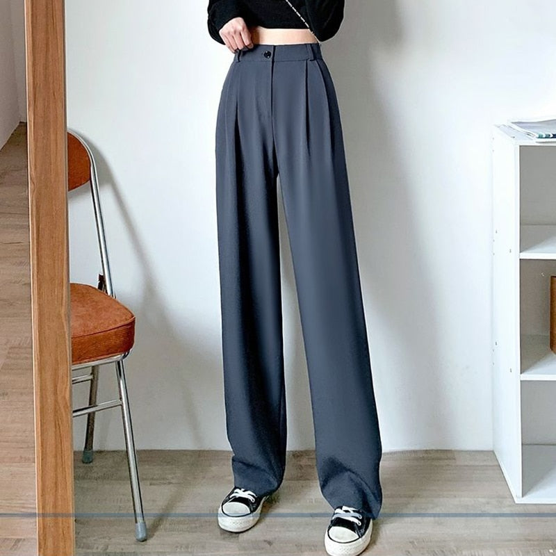 Women's Wide Leg Loose High Waist Korean Style Solid Office Straight Pants (2 Colors)