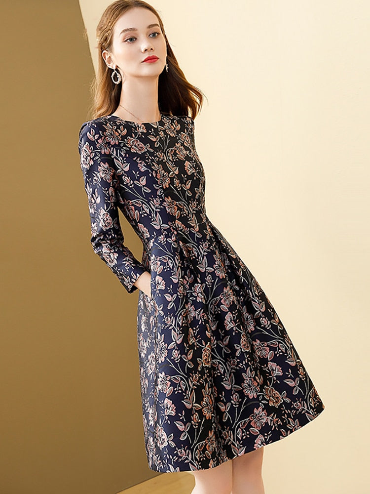 Women's Vintage Elegant Blue Printed O-neck A-line Bohemian Winter Slim Dress