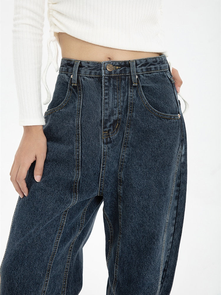 Women's High Waist Vintage Straight Baggy Streetwear Wide Leg Denim Pants (2 Colors)