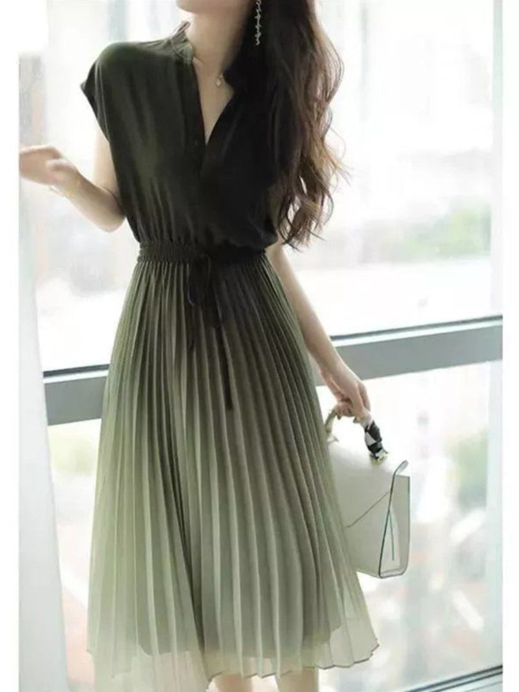 Women's Solid Gradient V Neck Sleeveless Mid-Calf Pullover Chic Dress (2 Colors)
