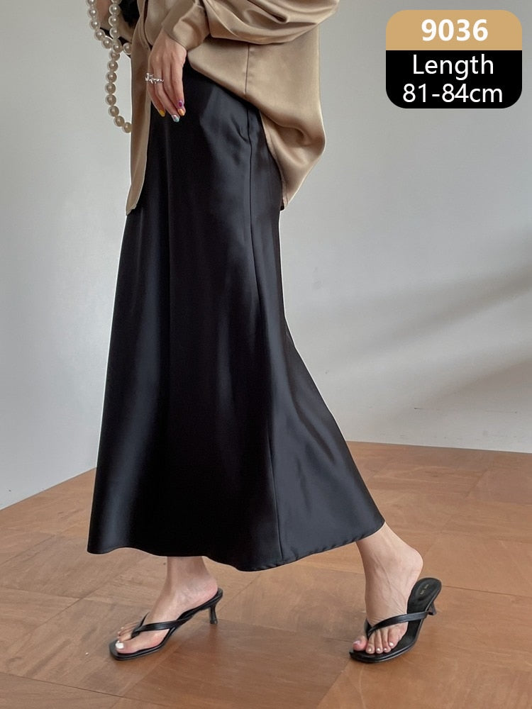 Women's High Waisted Silk Satin A-Line Elegant Midi Skirts (10 Colors)
