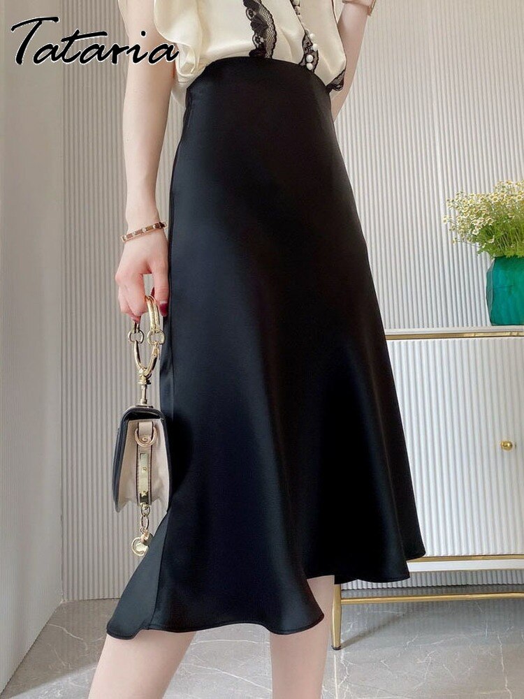 Women's High Waisted Silk Satin A-Line Elegant Midi Skirts (10 Colors)
