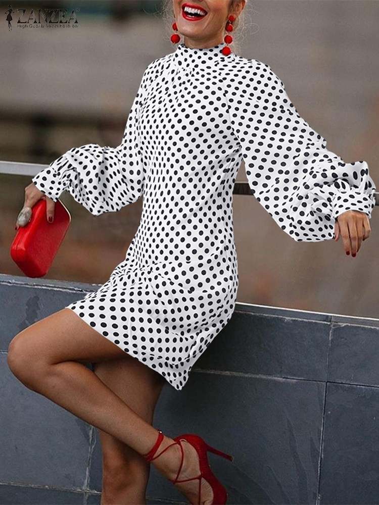 Women's  Puff Sleeve Turtleneck Casual Polka Dot Sundress (2 Colors)