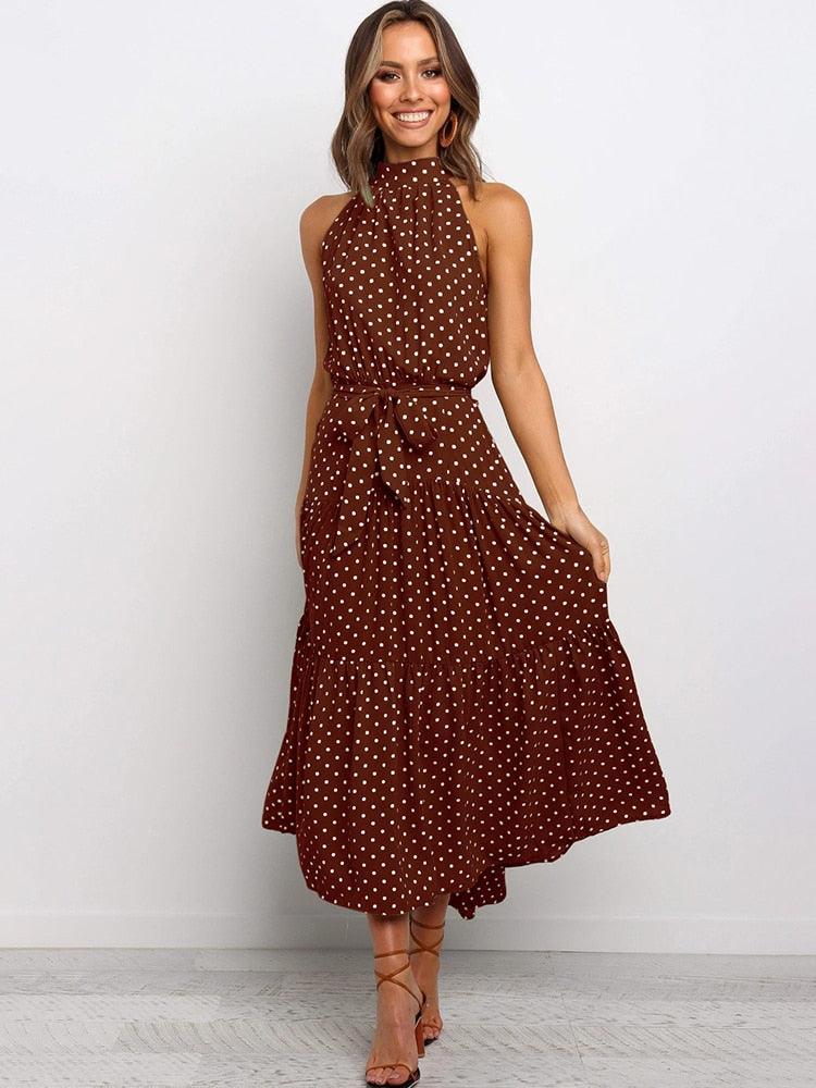 Women's Sexy Halter Polka Dot Strapless Sleeveless Long Dress (12 Colors / Styles)