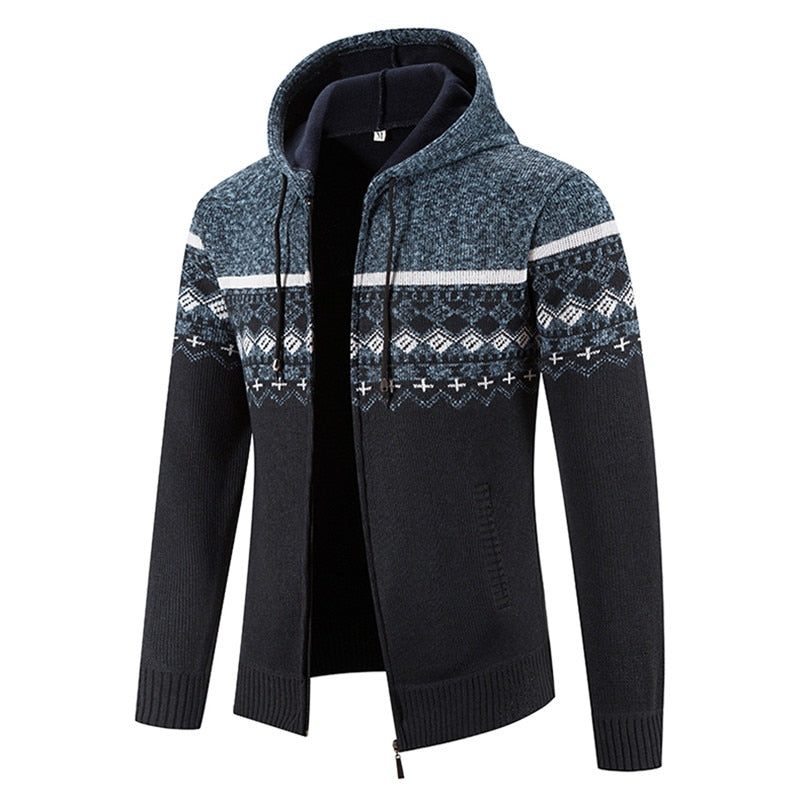 New Winter Fleece Men Sweater Cardigan Hooded Knitted Print Sweatercoat Mens Casual Warm Cardigan Zipper Hooded Cardigan Men