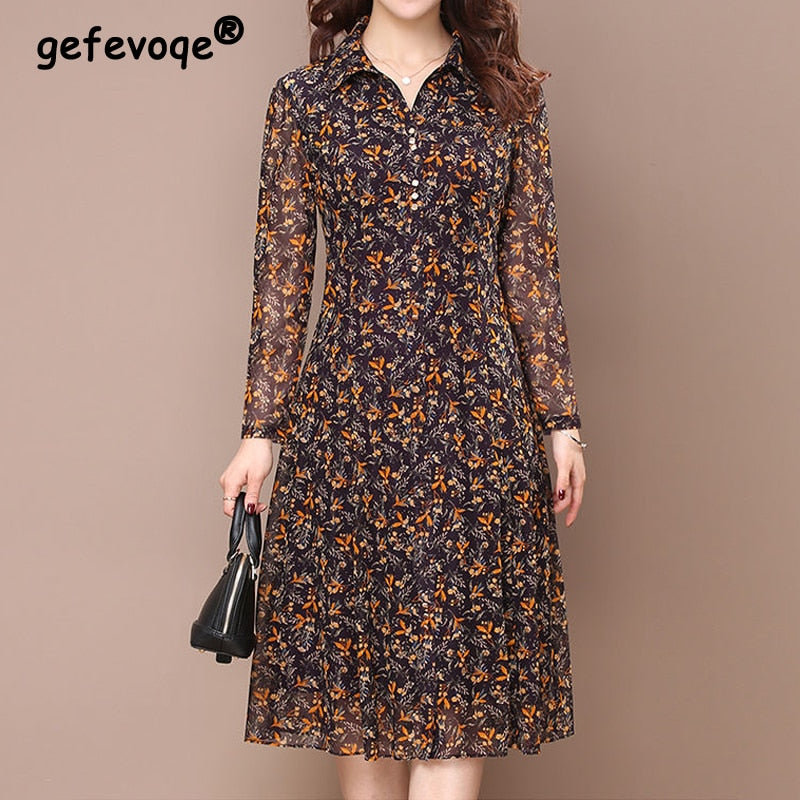 Women's Floral Print Long Sleeve Turndown Collar Casual Button Midi Dress (3 Colors)