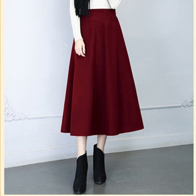 Womens Mid/Long High Waist Basic Wool Elastic A-Line Maxi Skirts (12 Colors)