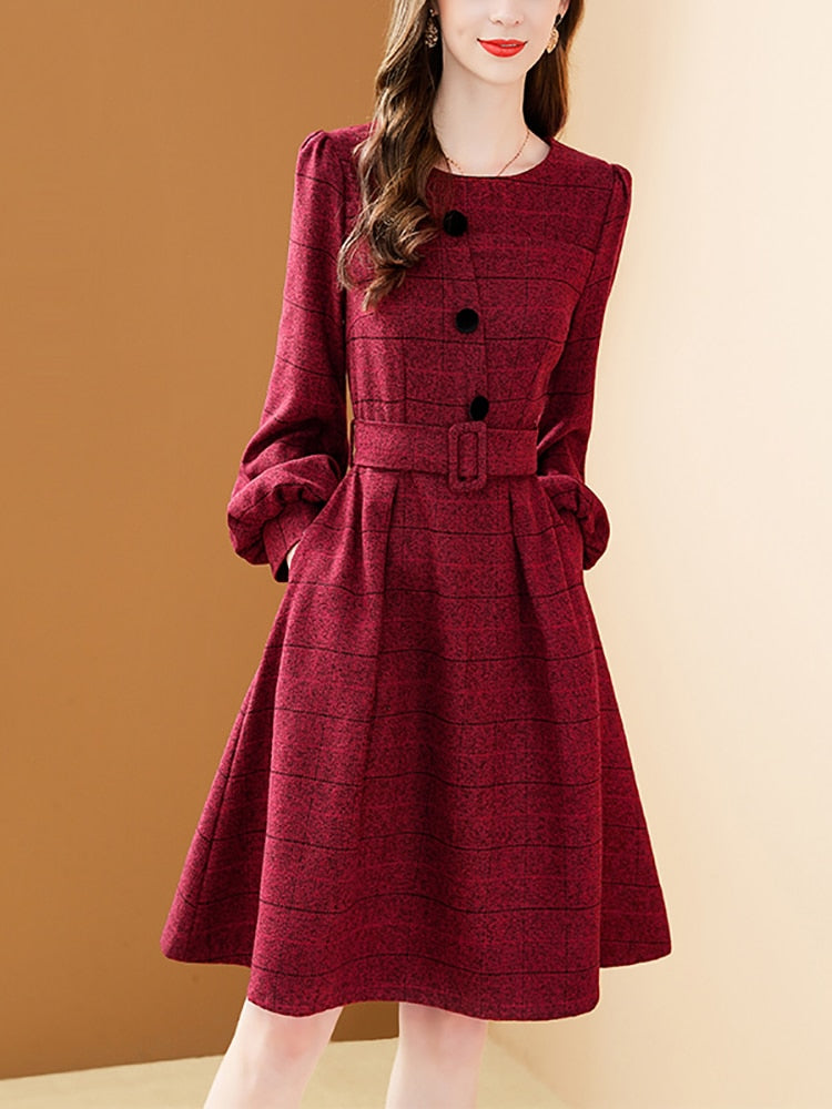 Women's Winter Red Woolen Plaid A-line Lantern Sleeve Dress with Belt (2 Colors)