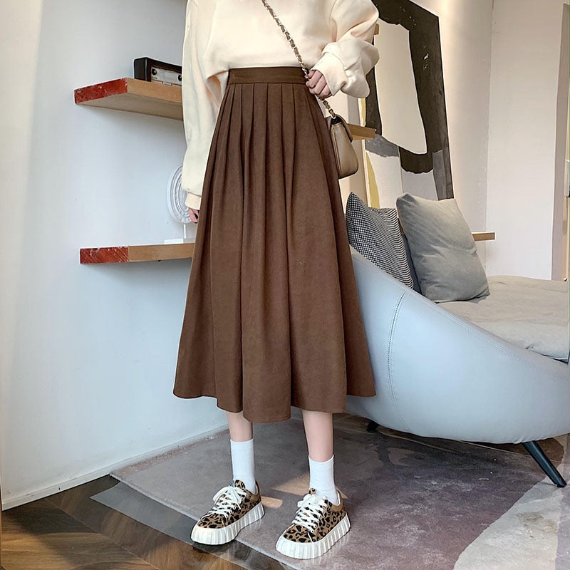 Women's High Waist Pleated College Style Midi Skirt (5 Colors)