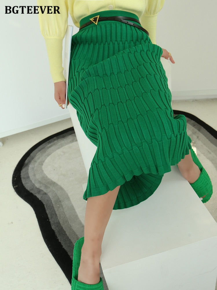 Women's Elegant High Waist Knitted Slim Fit Zipper Mid-Calf Skirt - One Size (4 Colors)