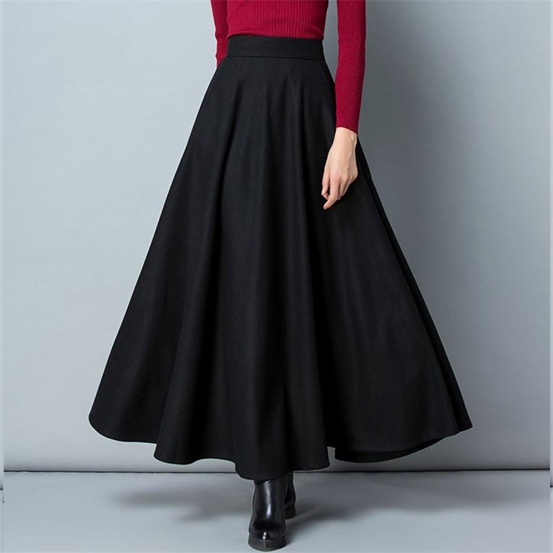 Womens Mid/Long High Waist Basic Wool Elastic A-Line Maxi Skirts (12 Colors)