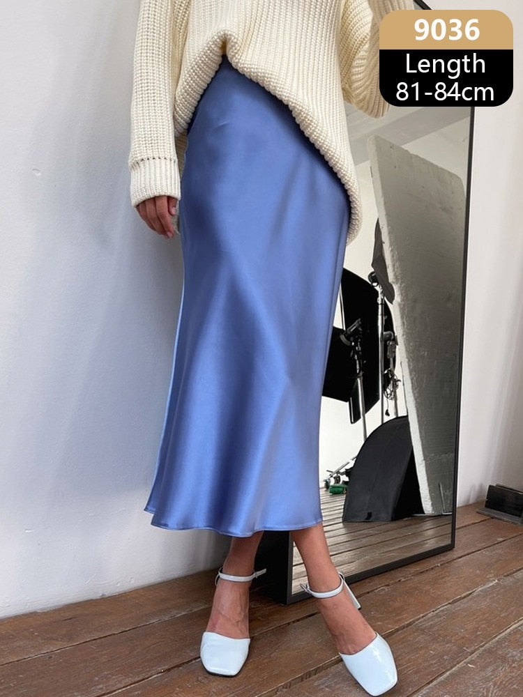 Women's High Waisted Silk Satin A-Line Elegant Midi Skirts (10 Colors)