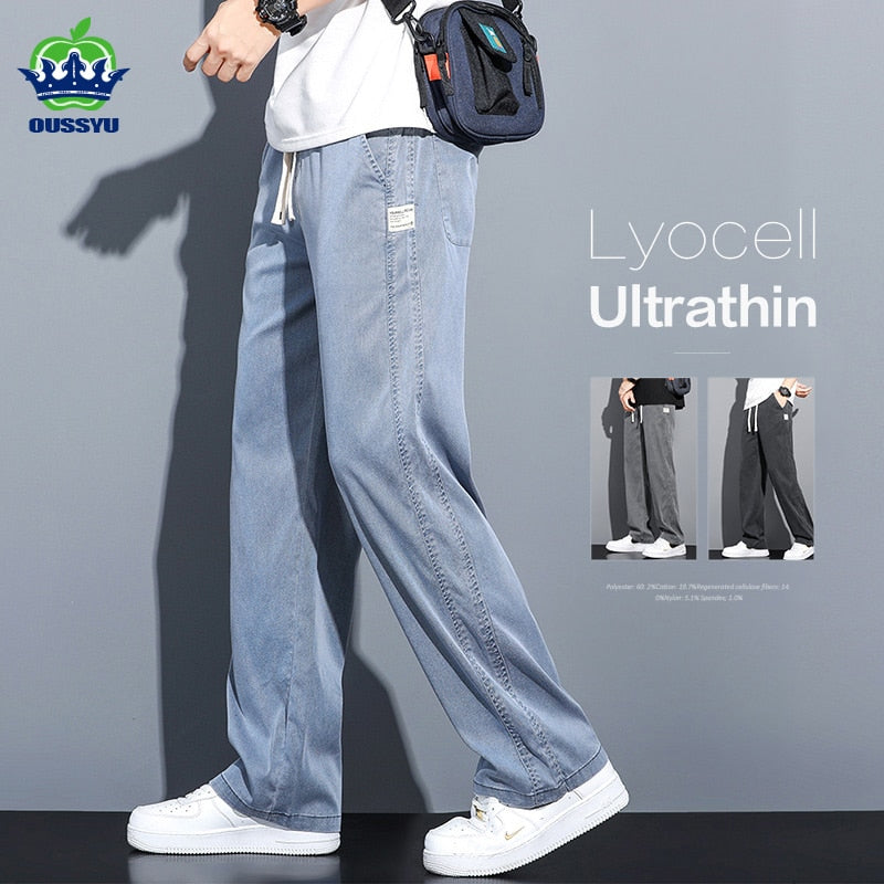 Men's Summer Soft Lyocell Fabric Elastic Waist Thin Loose Straight Pants (3 Colors)