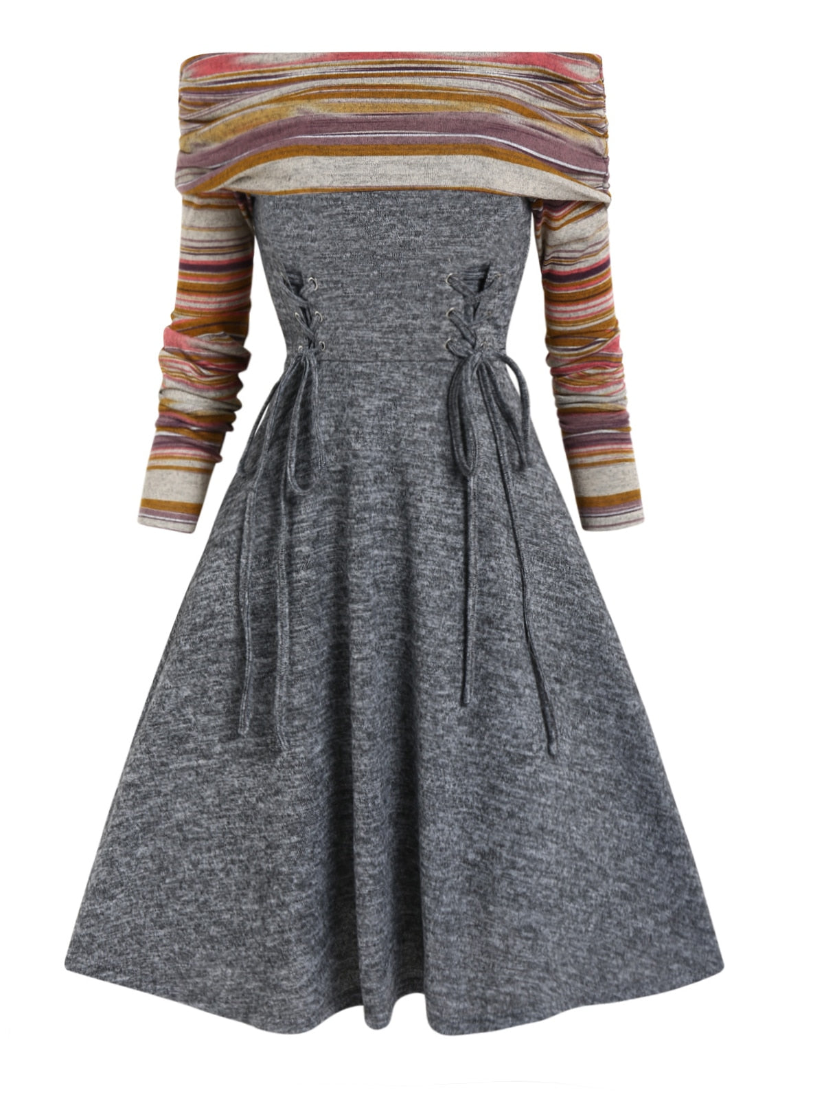 Women's Convertible Cinched Striped Flare Fold over Off Shoulder Knitted Dresses (9 Colors)