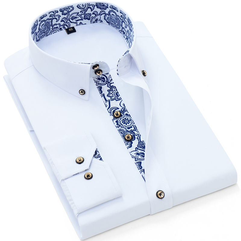 Men's Blue-and-white Porcelain Collar Business Casual Solid Color Shirts (6 Styles)