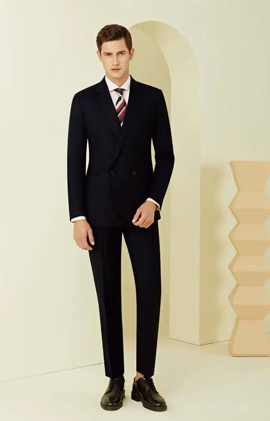 Jet Black Super 110’s Double Breasted Wool Suit – 280g Premium Tailoring