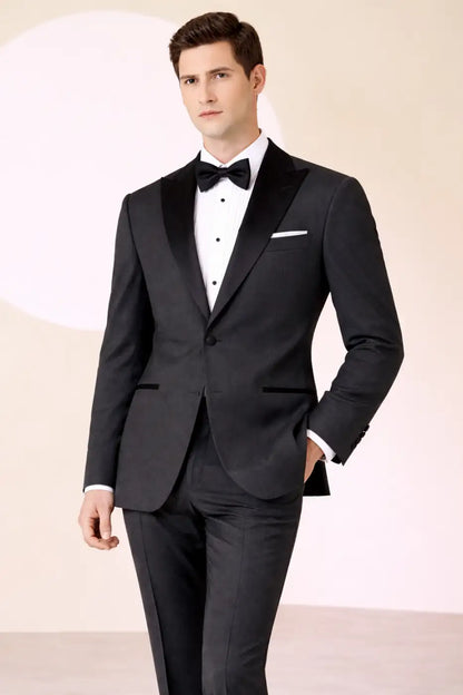 Dark Grey Super 120’s Wool Peak Lapel Tuxedo – 280g Refined Evening Tailoring