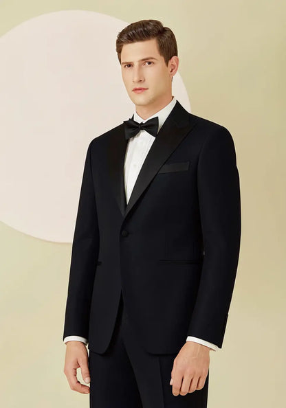 Black Super 120’s Wool Peak Lapel Tuxedo – 280g Classic Evening Tailoring