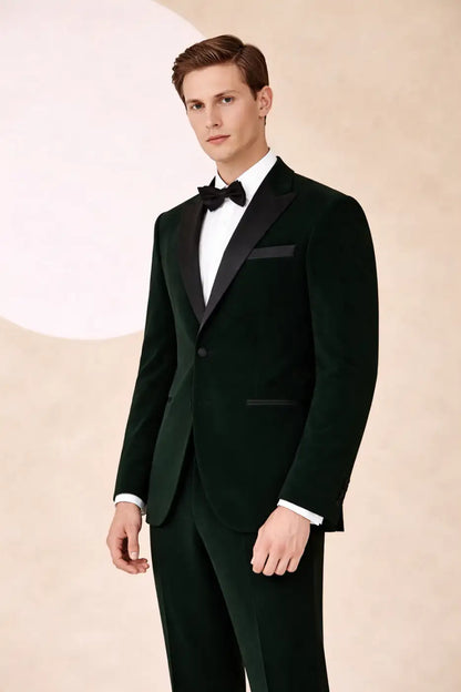 Deep Green Super 110’s Wool Peak Lapel Tuxedo – 280g Luxury Evening Tailoring