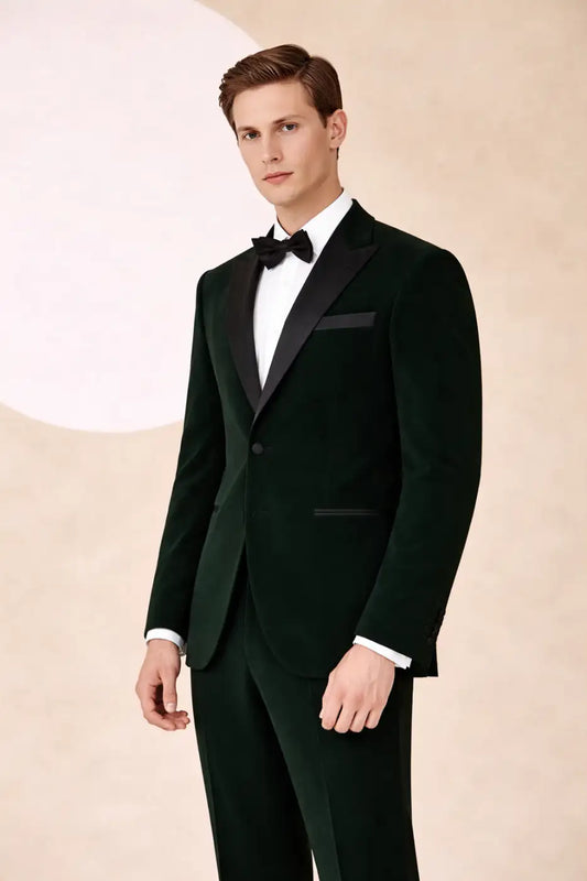 Deep Green Super 110’s Wool Peak Lapel Tuxedo – 280g Luxury Evening Tailoring