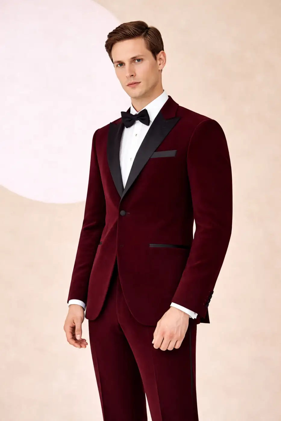 Burgundy Super 110’s Wool Peak Lapel Tuxedo – 280g Luxury Evening Tailoring