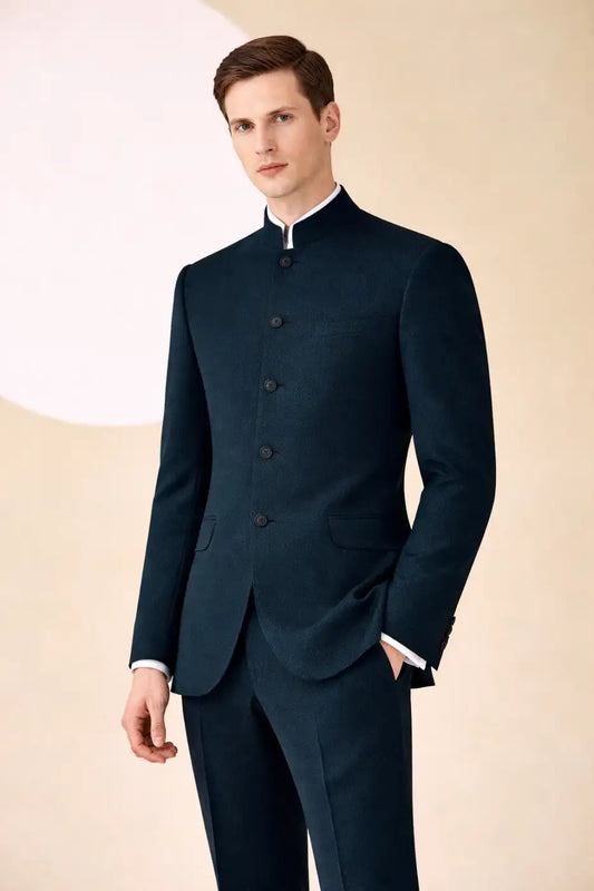 Bluish Green Textured Super 120’s Wool Bandhgala Suit – 280g Contemporary Tailoring