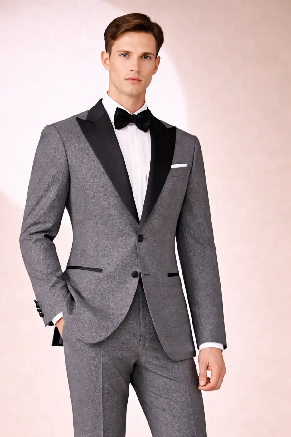 Grey Micro-Textured Super 110’s Wool Peak Lapel Tuxedo – 275g Modern Evening Tailoring