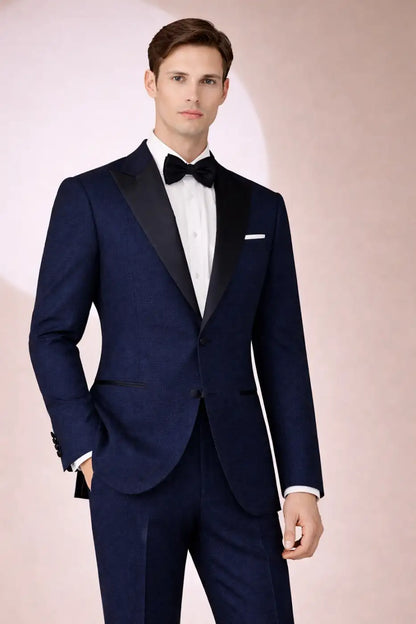 Deep Navy Textured Super 110’s Wool Peak Lapel Tuxedo – 275g Luxury Evening Tailoring