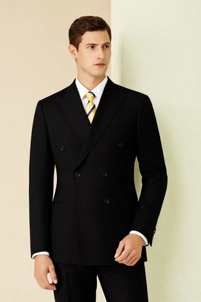 Black Super 110’s Wool Double-Breasted Peak Lapel Suit – 260g Classic Tailoring