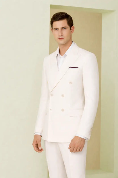 White Super 110’s Wool Double-Breasted Peak Lapel Suit – 275g Signature Tailoring