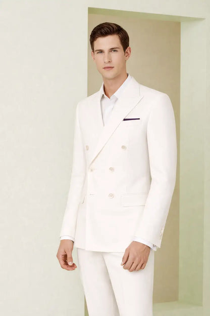 Ivory Super 110’s Wool Double-Breasted Peak Lapel Suit – 275g Elegant Tailoring