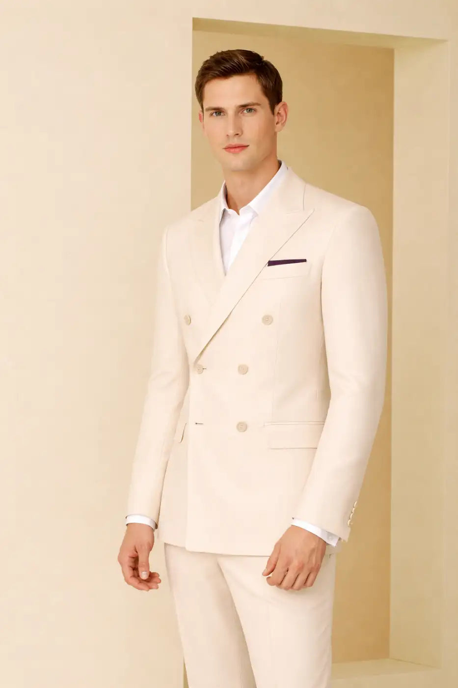 Light Yellow Super 110’s Wool Double-Breasted Peak Lapel Suit – 280g Signature Tailoring