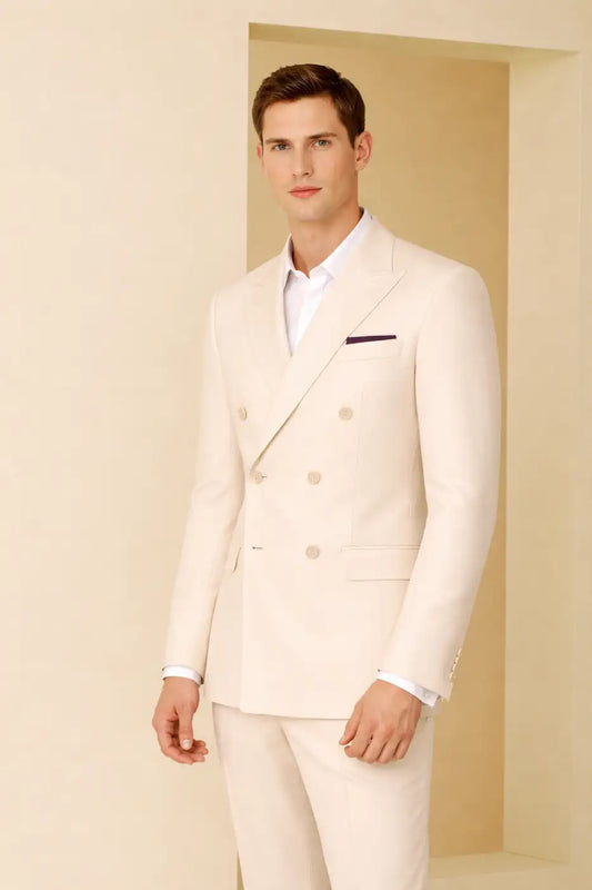 Light Yellow Super 110’s Wool Double-Breasted Peak Lapel Suit – 280g Signature Tailoring