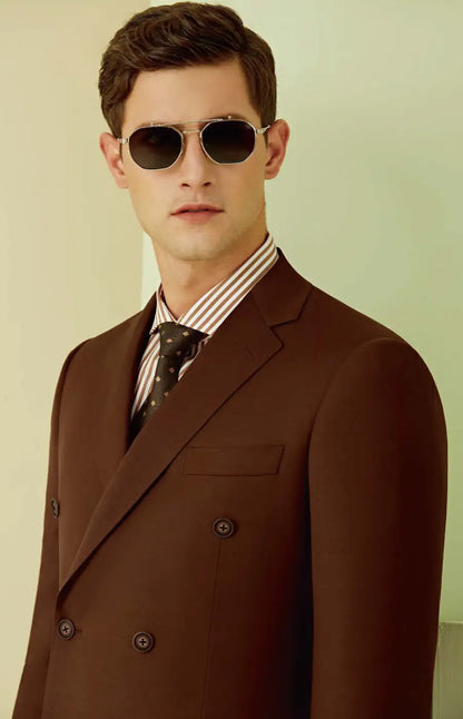 Light Brown Super 110’s Wool Double-Breasted Suit – 330g Structured Tailoring