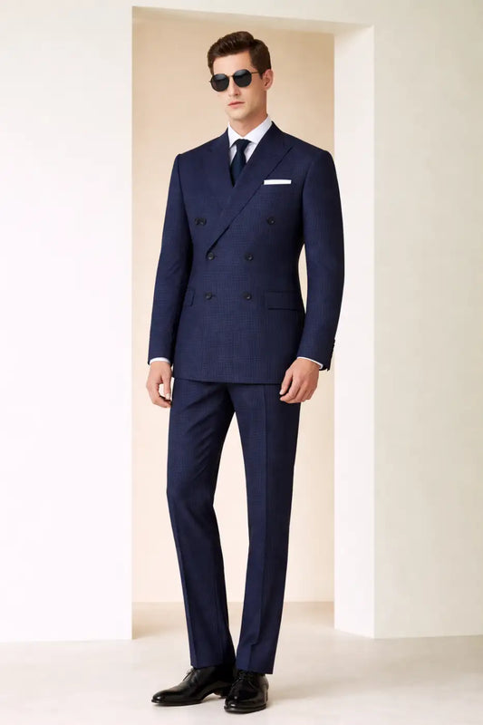 Midnight Blue Houndstooth Super 110’s Double Breasted Wool Suit – 275g Luxury Tailoring