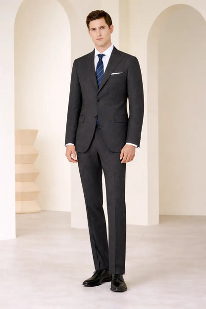 Charcoal Grey Herringbone Super 110’s Wool Suit – 275g Classic Tailoring