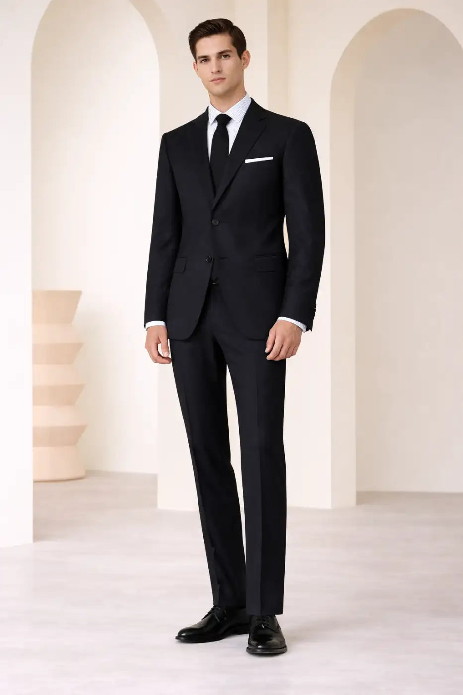 Jet Black Herringbone Super 110’s Wool Suit – 275g Precision Tailoring