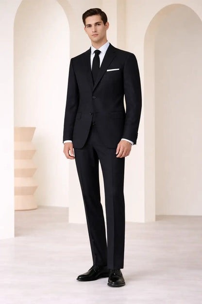 Jet Black Herringbone Super 110’s Wool Suit – 275g Precision Tailoring