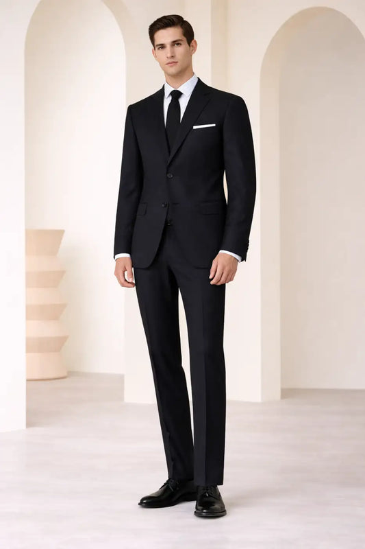 Jet Black Herringbone Super 110’s Wool Suit – 275g Precision Tailoring
