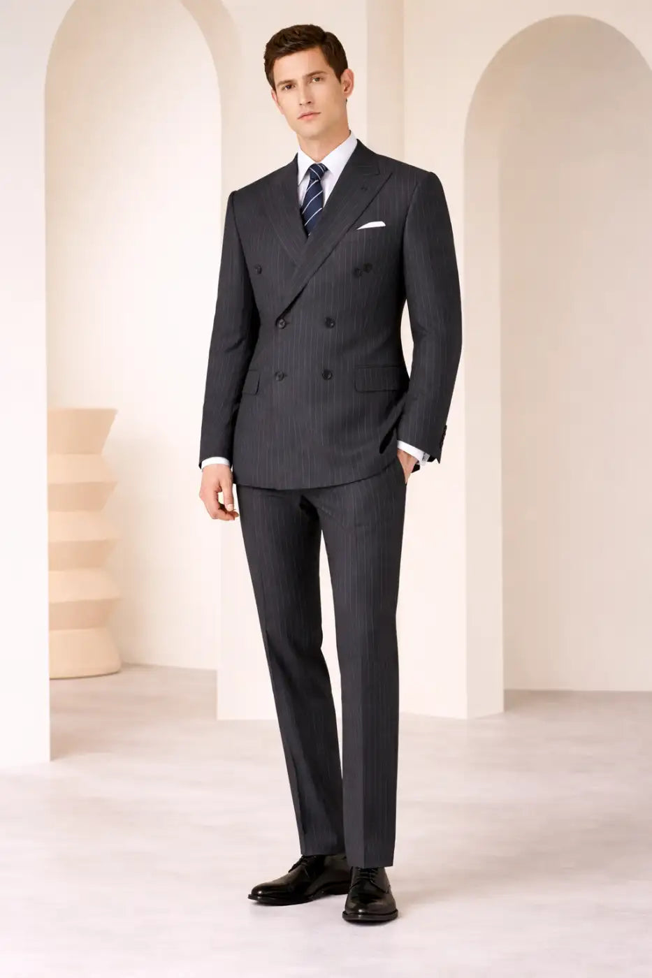 Charcoal Grey Pinstripe Super 120’s Double Breasted Wool Suit – 280g Executive Tailoring