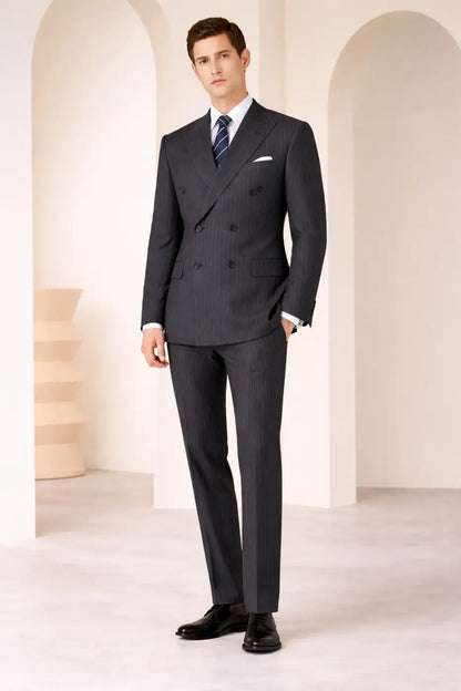 Charcoal Grey Pinstripe Super 120’s Double Breasted Wool Suit – 280g Executive Tailoring