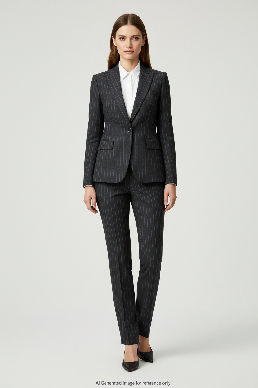Charcoal Grey with Light Blue Stripes Pinstripe Super 120's Wool – 280g | Bespoke Women's Suit & Separates