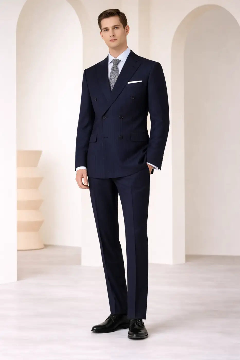 Midnight Blue Pinstripe Super 120’s Double Breasted Wool Suit – 280g Executive Tailoring