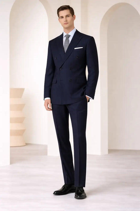Midnight Blue Pinstripe Super 120’s Double Breasted Wool Suit – 280g Executive Tailoring