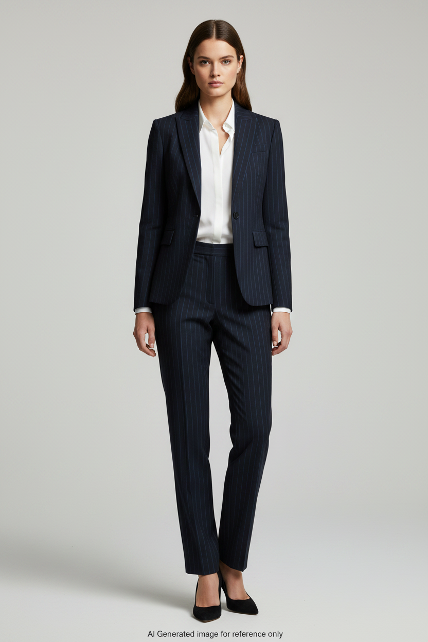 Midnight Blue with Light Blue Stripes Pinstripe Super 120's Wool – 280g | Bespoke Women's Suit & Separates