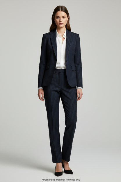Midnight Blue with Light Blue Stripes Pinstripe Super 120's Wool – 280g | Bespoke Women's Suit & Separates