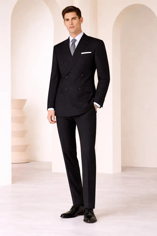 Jet Black Pinstripe Super 110’s Double Breasted Wool Suit – 280g Signature Tailoring